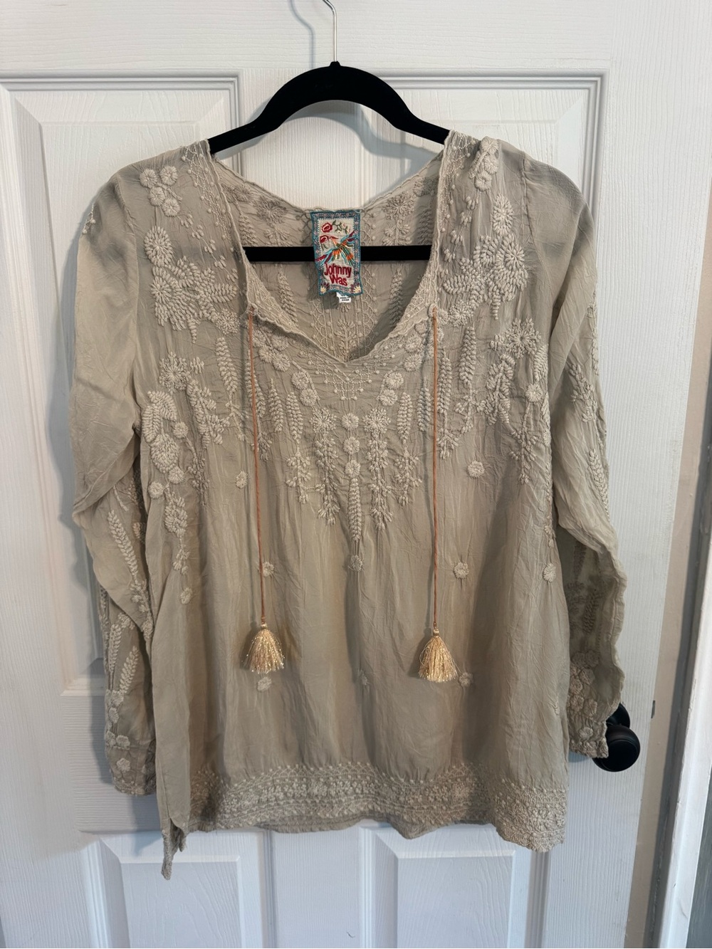 Johnny Was Taupe Embroidered Tunic with Tassels